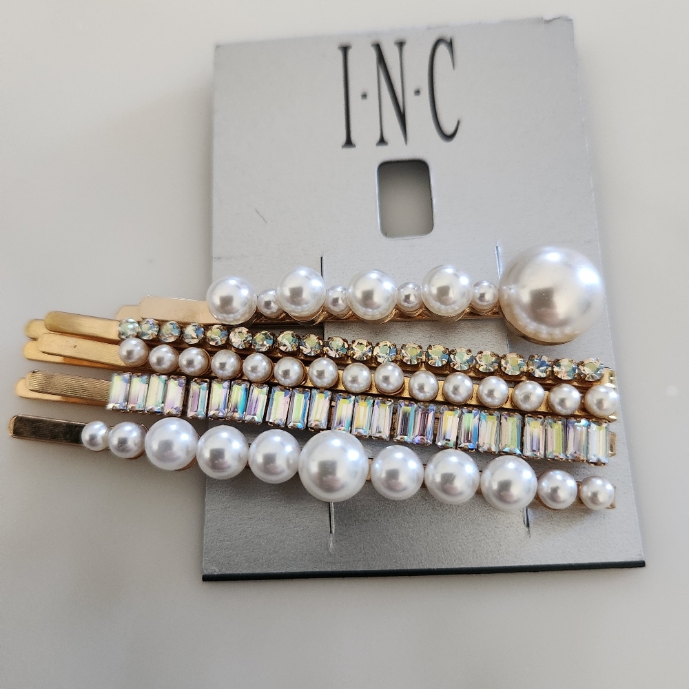 INC Gold Tone Imitation Pearl and Crysal 5pc hair Pins